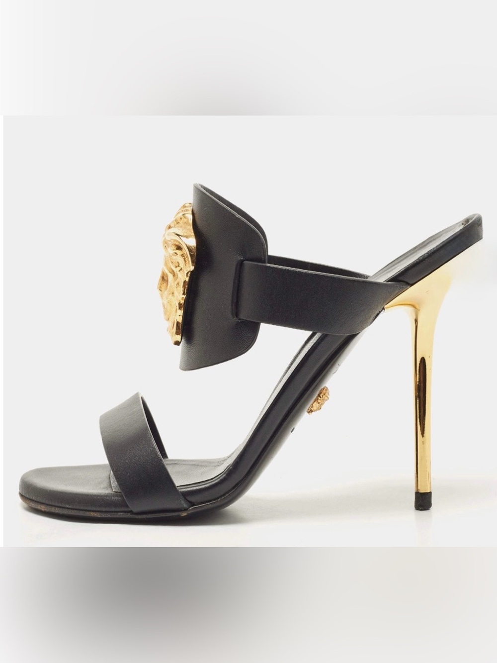 Versace Black Leather Stiletto Sandals with Gold Medusa Accent Size 39=US 8.5-9